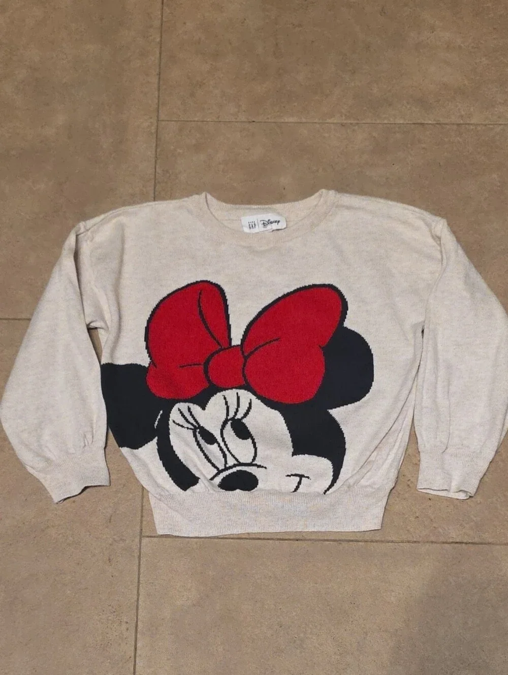 Baby Gap Disney Cream Minnie Mouse Sweater with Red Bow Graphic. Size 5 Toddler